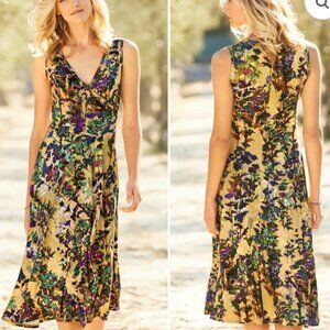 Peruvian Connection Le Midi Dress Faux Wrap Tea Length Floral Yellow Size Medium